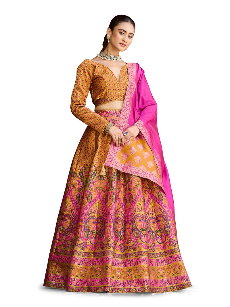 PURVAJA Women's Kanjiwaram Semi-Stitched Lehenga choli (Zahira-Yellow_Free Size) - Image 1