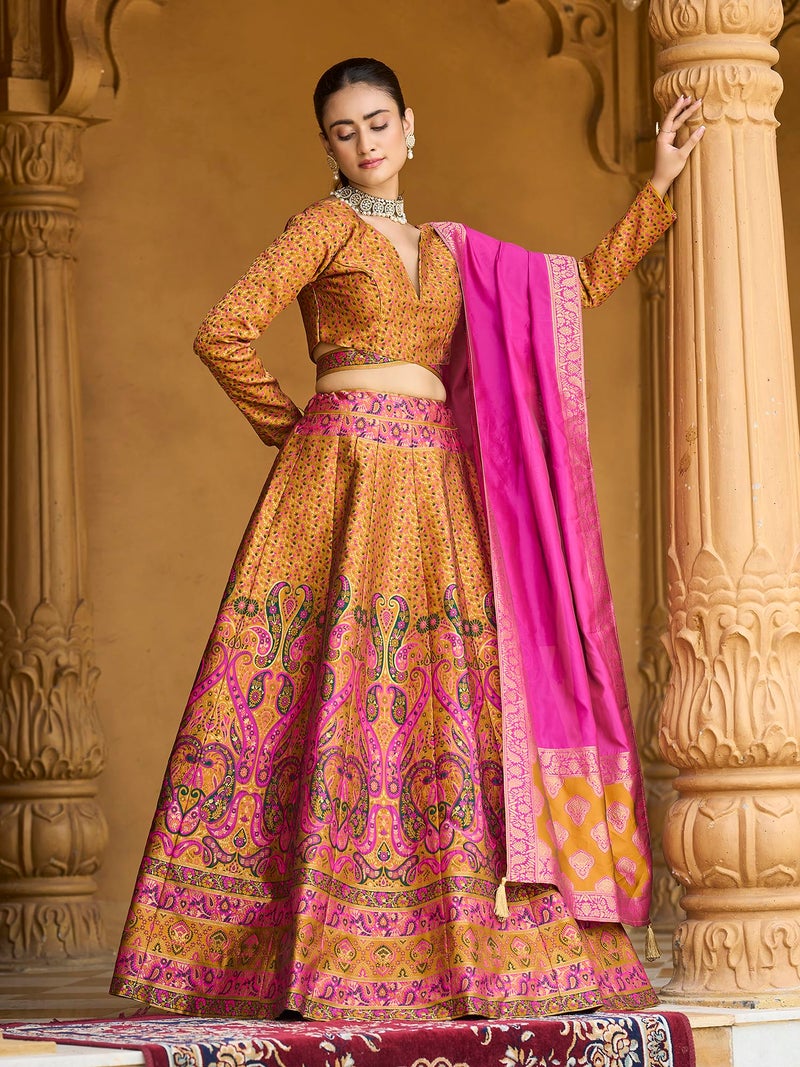 PURVAJA Women's Kanjiwaram Semi-Stitched Lehenga choli (Zahira-Yellow_Free Size) - Image 4