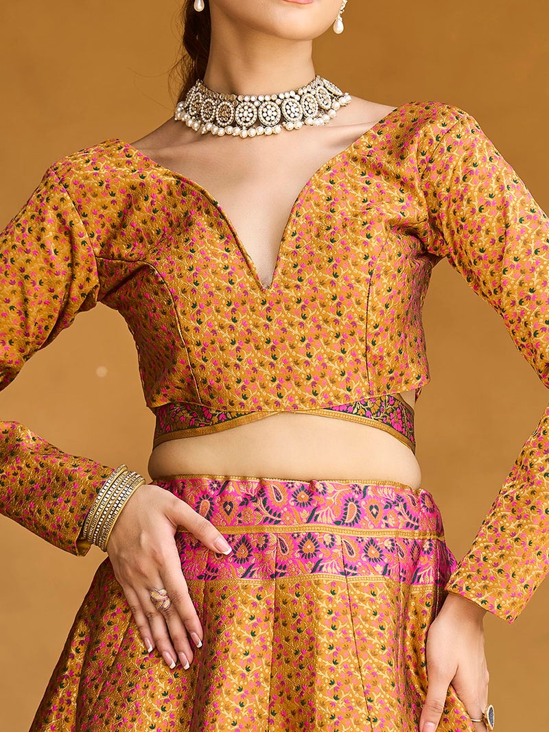 PURVAJA Women's Kanjiwaram Semi-Stitched Lehenga choli (Zahira-Yellow_Free Size) - Image 5