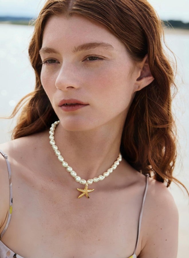 ليلي آند وايت قلادة ليلي آند وايت من اللؤلؤ الباروكي، وقلادة نجم البحر الذهبية للنساء، مجوهرات صيفية عصرية، قلادات صدفية ضخمة، قلادات بوهيمية أنيقة، هدية مثالية لشاطئ البحر - Image 2