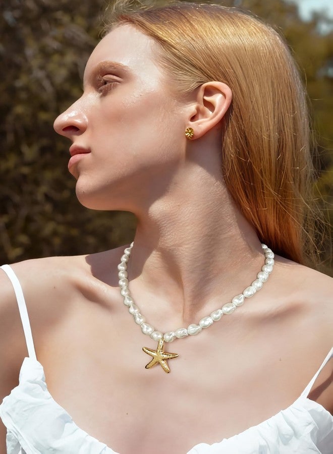 ليلي آند وايت قلادة ليلي آند وايت من اللؤلؤ الباروكي، وقلادة نجم البحر الذهبية للنساء، مجوهرات صيفية عصرية، قلادات صدفية ضخمة، قلادات بوهيمية أنيقة، هدية مثالية لشاطئ البحر - Image 3