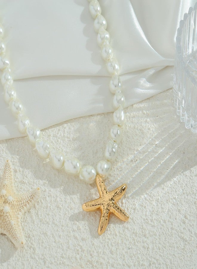ليلي آند وايت قلادة ليلي آند وايت من اللؤلؤ الباروكي، وقلادة نجم البحر الذهبية للنساء، مجوهرات صيفية عصرية، قلادات صدفية ضخمة، قلادات بوهيمية أنيقة، هدية مثالية لشاطئ البحر - Image 4