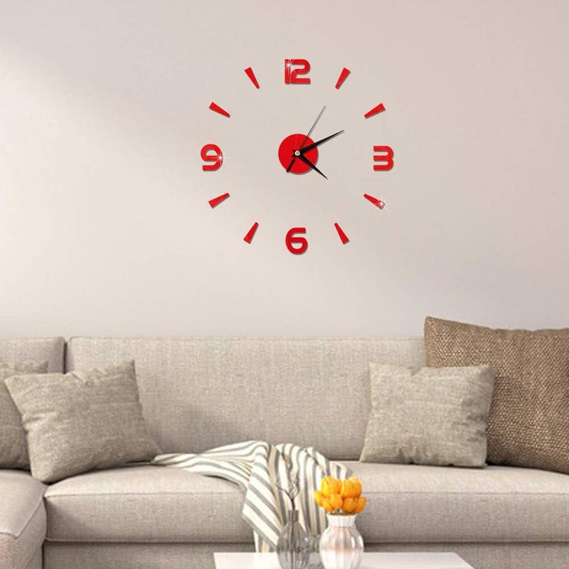 Pilipane Pilipane Modern Frameless DIY Wall Clock Modern 3D DIY Wall Clock Decor Sticker Mirror Frameless Large DIY Wall Clock Kit for Home Living Room Bedroom Office Decoration Red - Image 2