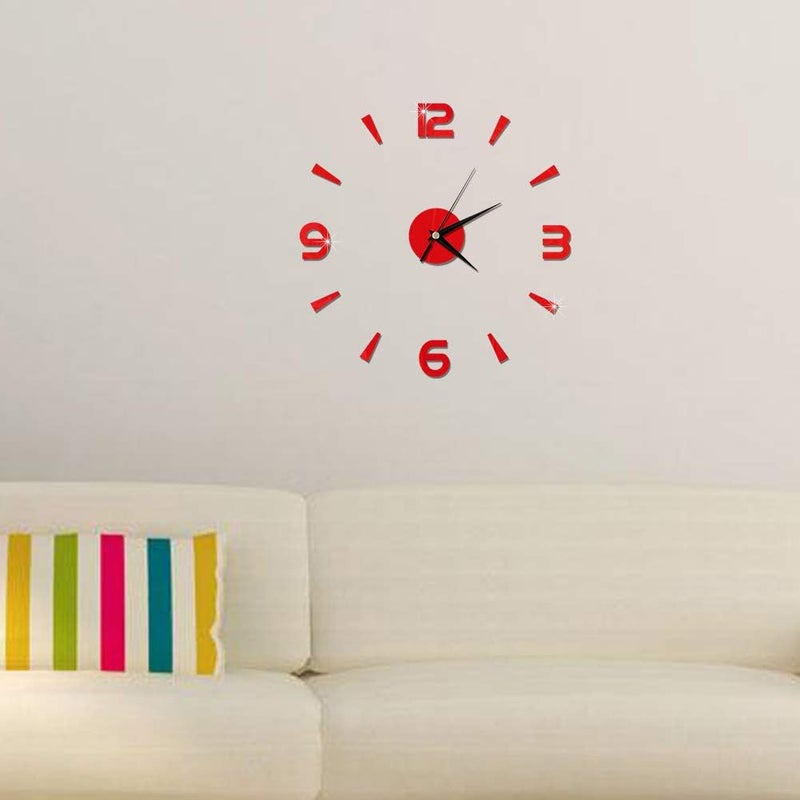 Pilipane Pilipane Modern Frameless DIY Wall Clock Modern 3D DIY Wall Clock Decor Sticker Mirror Frameless Large DIY Wall Clock Kit for Home Living Room Bedroom Office Decoration Red - Image 3