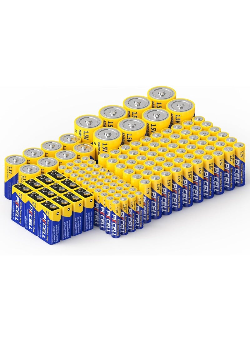 PKCELL 128 Counts Batteries Combo Pack, 60-Count AA Batteries, 40-Counts AAA Batteries, 8-Counts C Batteries, 8-Counts D Batteries and 12-Counts 9V Batteries for Household Electronics - Image 1