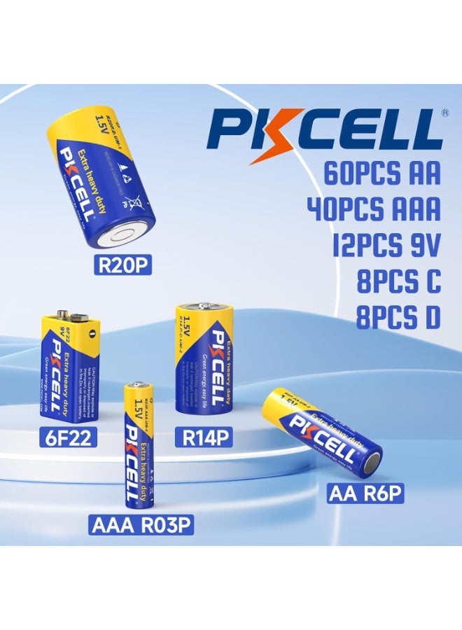 PKCELL 128 Counts Batteries Combo Pack, 60-Count AA Batteries, 40-Counts AAA Batteries, 8-Counts C Batteries, 8-Counts D Batteries and 12-Counts 9V Batteries for Household Electronics - Image 5