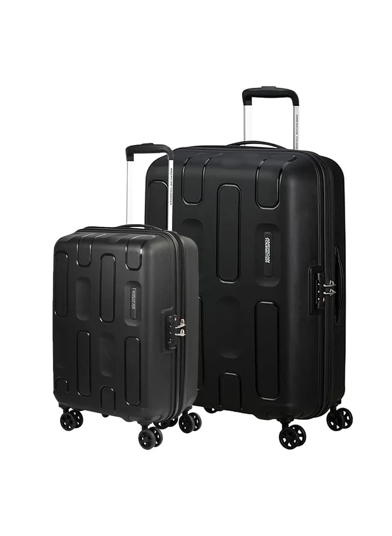 American Tourister ellipso suitcase, 2pc set (55 + 68 cm), 4 spinner wheels, hard top, polypropylene, black|lightweight|scratch resistant texture|shoe & laundry bag|tsa lock - 3 years international warranty