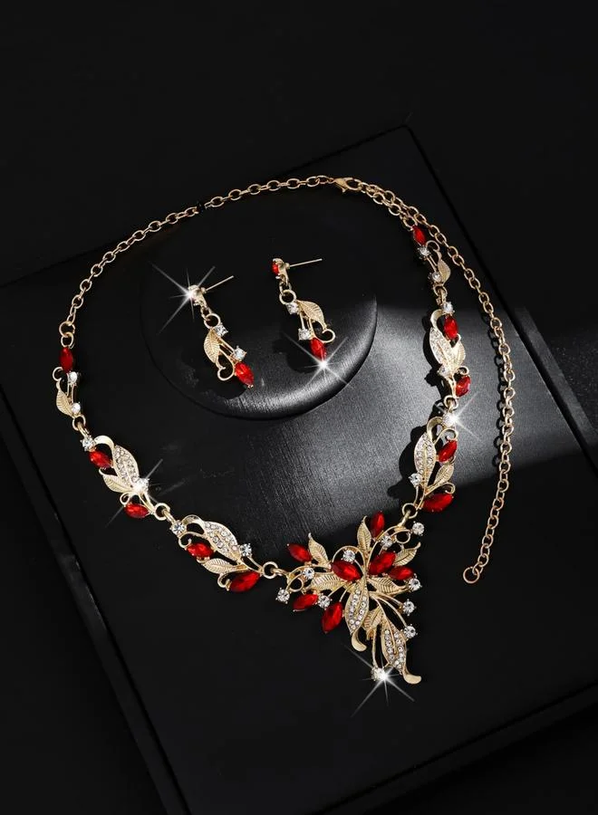 تايك تو طقم مجوهرات قلادة وأقراط مزينة بشكل ورق شجر قطعتين