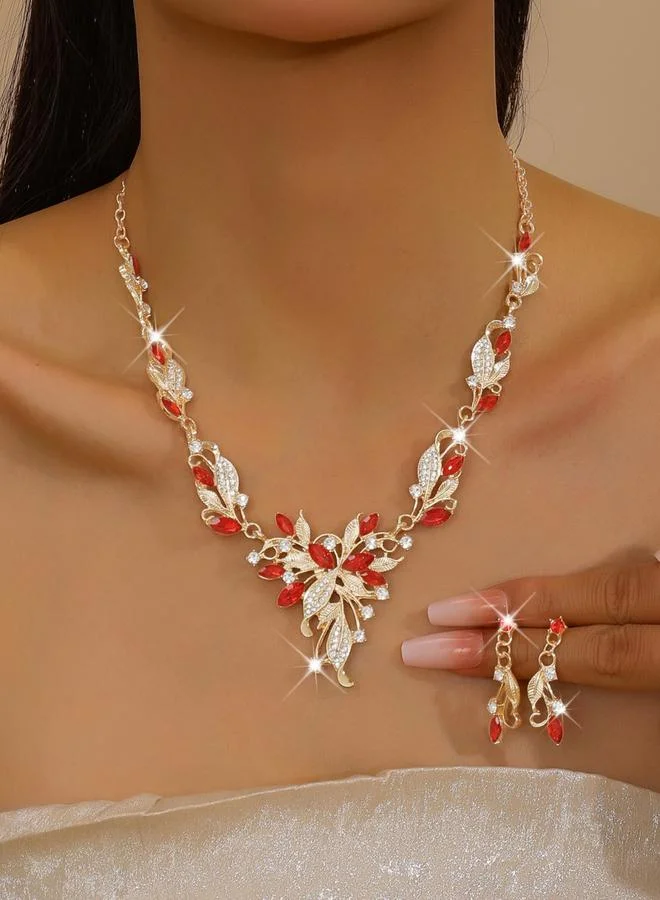 تايك تو طقم مجوهرات قلادة وأقراط مزينة بشكل ورق شجر قطعتين