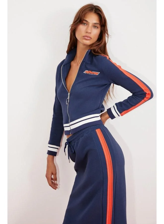 GRIMELANGE Anıta Women's Knit Slim Fit Printed Stand-Collar Navy Jacket.