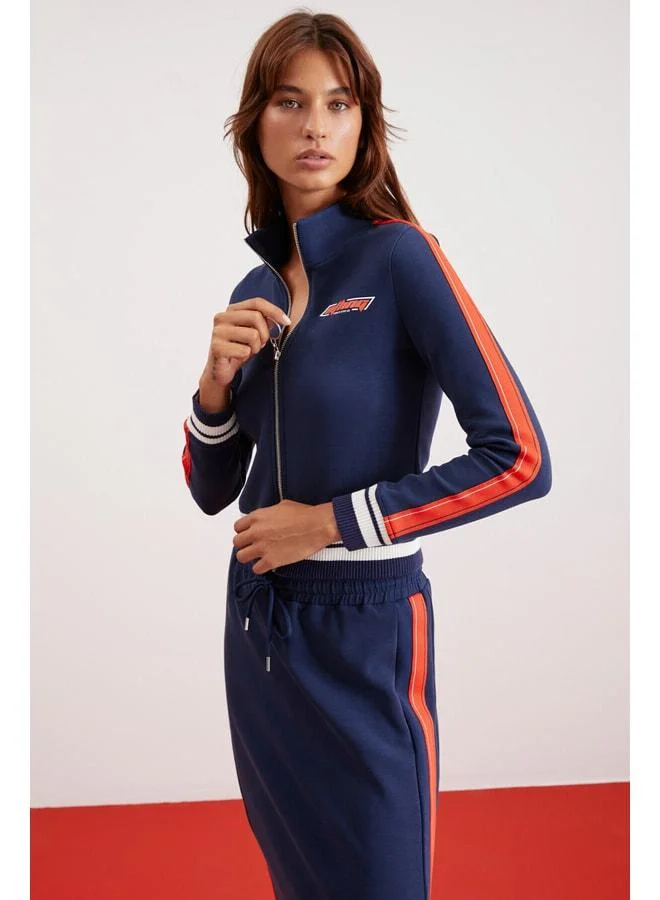 GRIMELANGE Anıta Women's Knit Slim Fit Printed Stand-Collar Navy Jacket.