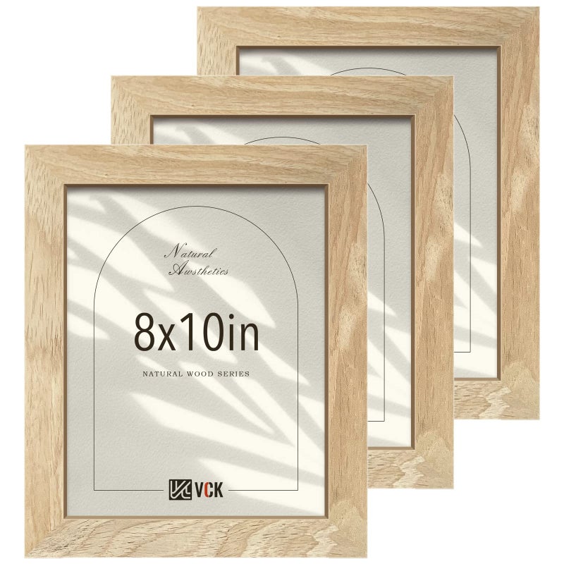 VCK 8x10 Picture Frame Set of 3  Natural Solid Wood Beige Photo Frame  Exclusive Wood Grain  Table Display or Wall Hanging - Image 1