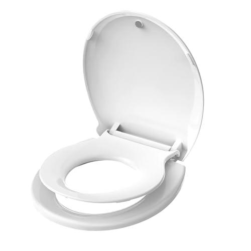 Aünsffer Toddler Toilet Seat with Potty Training Seat Round 16.5inch, 2 in 1 Toilet Seat for Family Built-in Baby Seat Removable, Soft Close + Easy Clean, PP Safe Material, White - Image 1