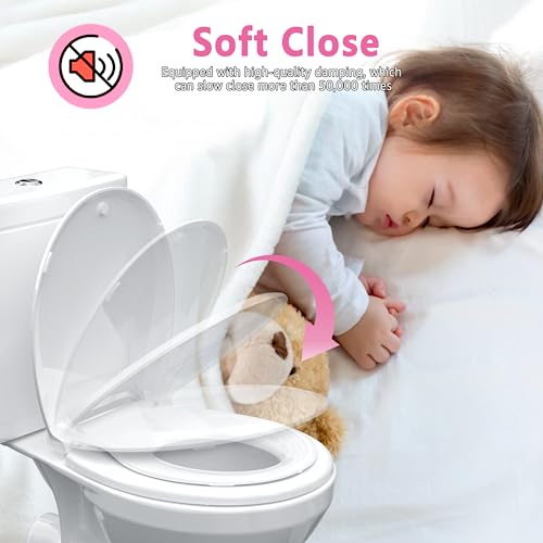 Aünsffer Toddler Toilet Seat with Potty Training Seat Round 16.5inch, 2 in 1 Toilet Seat for Family Built-in Baby Seat Removable, Soft Close + Easy Clean, PP Safe Material, White - Image 2