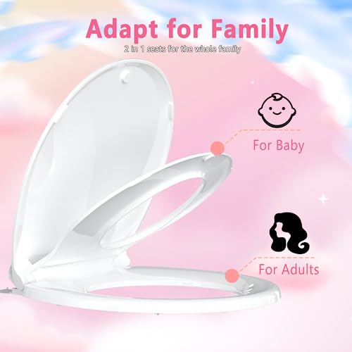 Aünsffer Toddler Toilet Seat with Potty Training Seat Round 16.5inch, 2 in 1 Toilet Seat for Family Built-in Baby Seat Removable, Soft Close + Easy Clean, PP Safe Material, White - Image 4