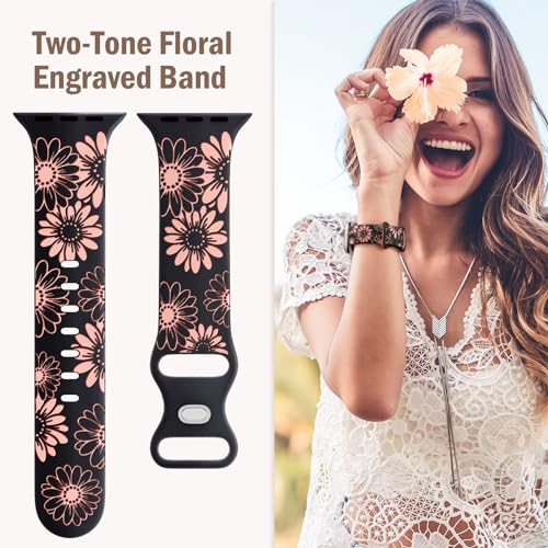 DaQin Floral Engraved Band Compatible with Apple Watch Bands for Women 40mm 41mm 42mm 44mm 45mm 46mm 38mm, Cute Two-Tone Flower Soft Silicone Sport Strap for iWatch Series 11 10 9 8 7 6 5 4 3 2 1 SE - Image 4