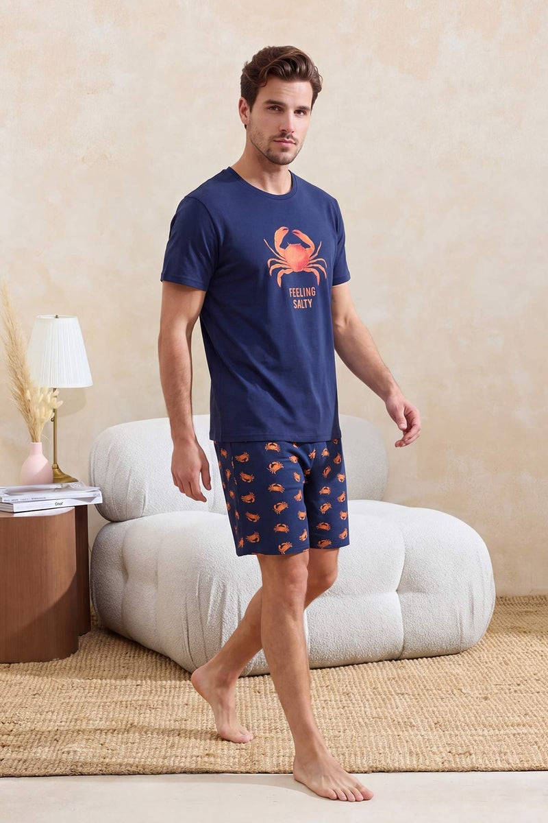 trendyol Navy Blue Regular Fit Crab Printed Cotton Pajama Set Tmnss26Pt00020 - Image 2