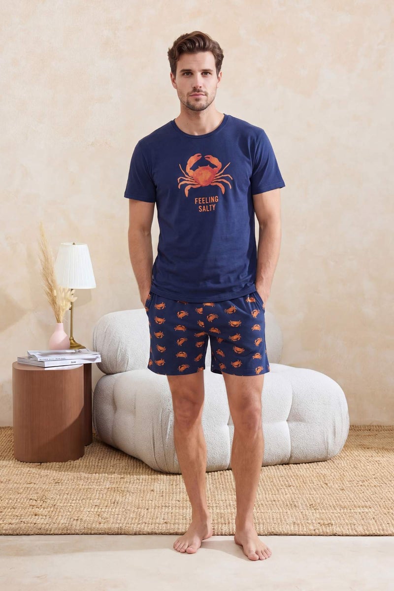 trendyol Navy Blue Regular Fit Crab Printed Cotton Pajama Set Tmnss26Pt00020 - Image 1
