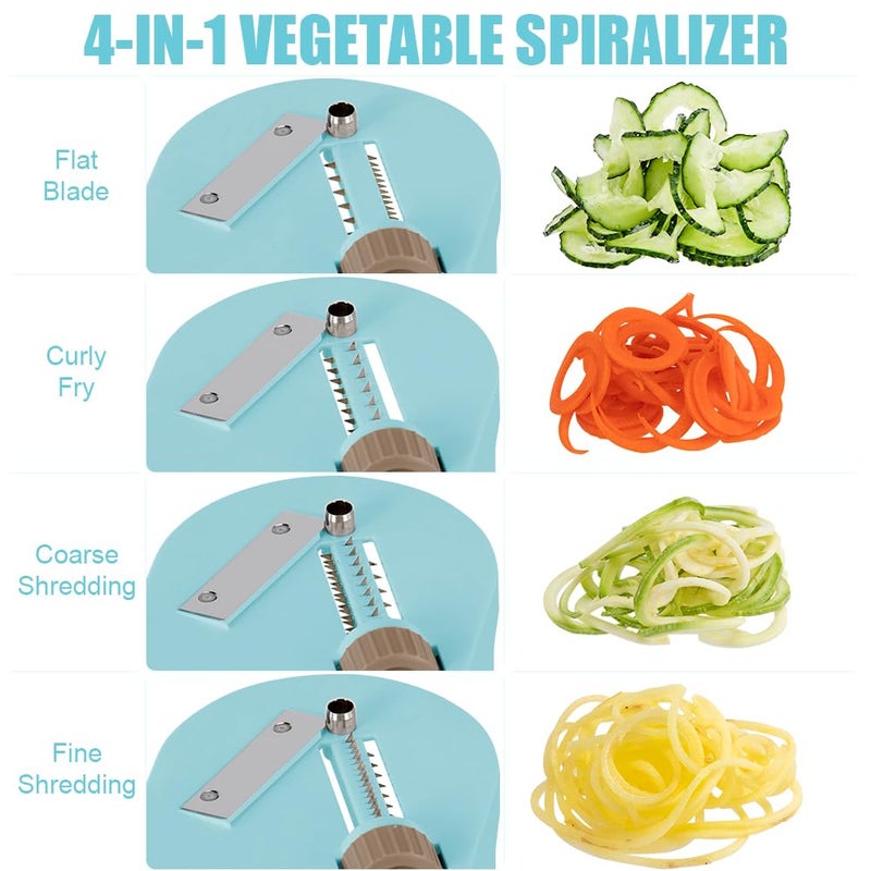 Badelite Vegetable Spiralizer 4-IN-1 Rotating Blade Veggie Spiralizer Zucchini Noodle Maker with Strong Suction Cup Spiral Vegetable Cutter Slicer - Blue - Image 2