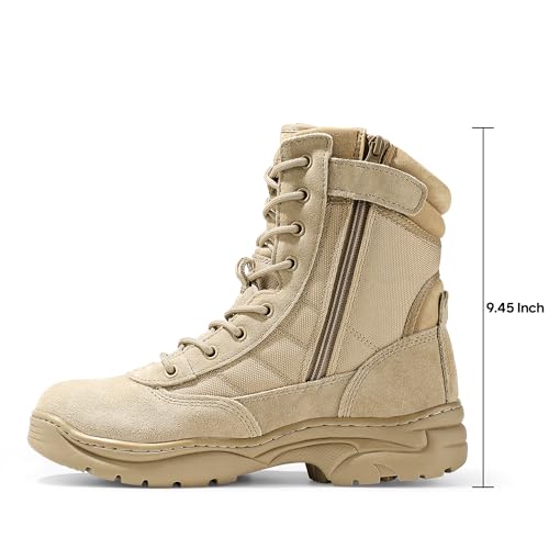 NORTIV 8 Mens Military Tactical Work Boots Side Zipper Hiking Leather Outdoor 8 Inches Motorcycle Combat Boots s Size 9 M US Trooper, Sand-8 Inches - Image 4