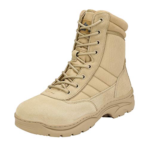 NORTIV 8 Mens Military Tactical Work Boots Side Zipper Hiking Leather Outdoor 8 Inches Motorcycle Combat Boots s Size 9 M US Trooper, Sand-8 Inches - Image 1
