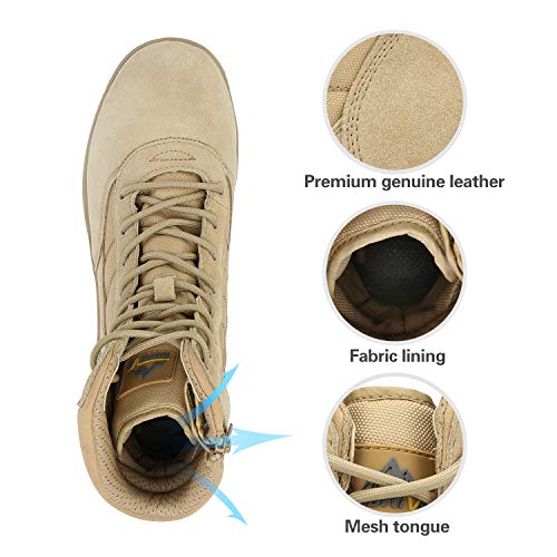 NORTIV 8 Mens Military Tactical Work Boots Side Zipper Hiking Leather Outdoor 8 Inches Motorcycle Combat Boots s Size 9 M US Trooper, Sand-8 Inches - Image 3