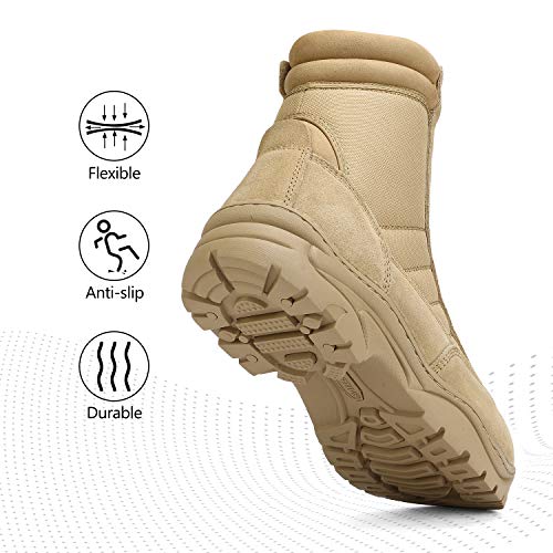 NORTIV 8 Mens Military Tactical Work Boots Side Zipper Hiking Leather Outdoor 8 Inches Motorcycle Combat Boots s Size 9 M US Trooper, Sand-8 Inches - Image 2