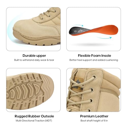 NORTIV 8 Mens Military Tactical Work Boots Side Zipper Hiking Leather Outdoor 8 Inches Motorcycle Combat Boots s Size 9 M US Trooper, Sand-8 Inches - Image 5