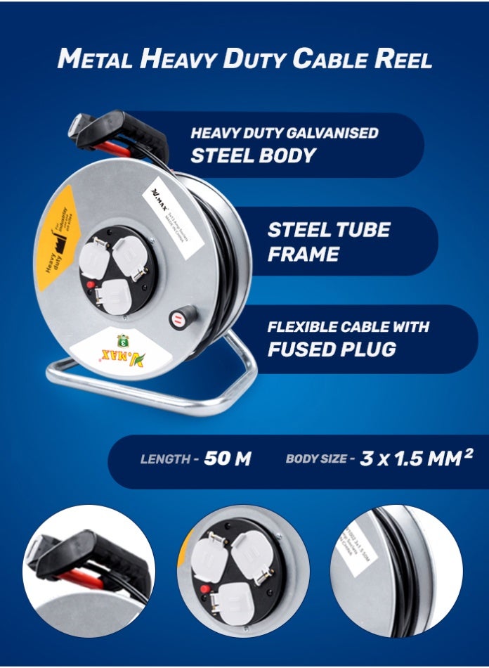 Vmax 50M Heavy Duty Extension Cable Reel with 3×13A Sockets, 3×1.5mm² Power Extension Cord, Socket Safety Shutter, 3120W Unwound for Home, Workshop & Industrial Use - Image 4