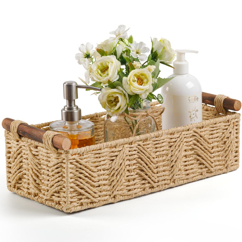 STOBSK Bathroom Baskets for Organizing with Handle Decorative Basket for Bathroom Countertop Storage Toilet Paper Storage Basket for Toilet Tank Top Small Baskets Set,Beige - Image 1