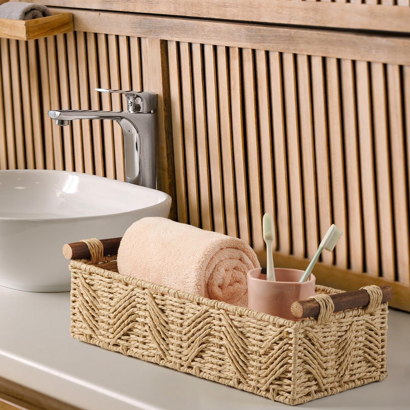 STOBSK Bathroom Baskets for Organizing with Handle Decorative Basket for Bathroom Countertop Storage Toilet Paper Storage Basket for Toilet Tank Top Small Baskets Set,Beige - Image 4