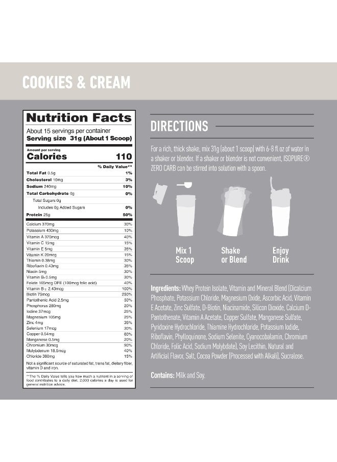 Isopure Zero Carb Whey Protein Isolate Powder with Vitamin C & Zinc for Immune Support, 25g Protein, & Keto Friendly - Cookies & Cream, 1 Lb , 15 Servings (454 G)  - Image 3