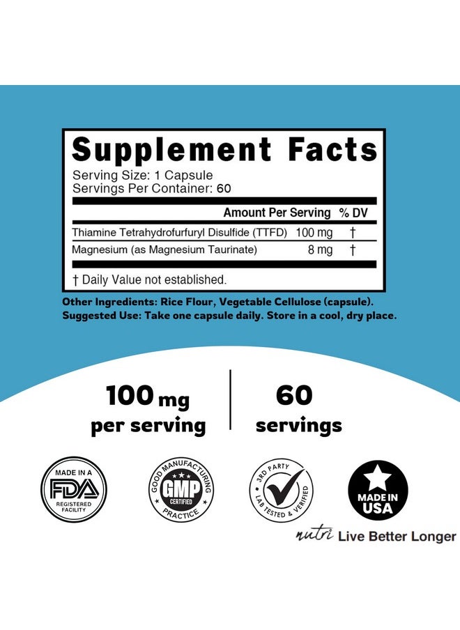 Nature'S Fusions - TTFD Thiamine B1 Supplement - 100mg 60 Servings - Thiamine TTFD Supplement - With 8mg Magnesium - No Toxic Fillers - TTFD Thiamine Tetrahydrofurfuryl Disulfide - Third Party Lab Tested - Image 1