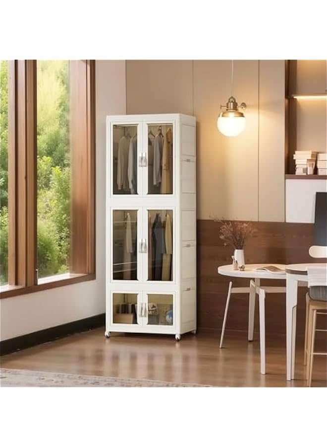 بيوينتي خزانة ملابس بلاستيكية قابلة للطي ، منظمة قابلة للطي مع منطقتين معلقتين ، منظمة قابلة للطي مزدوجة الباب مع عجلات ، منظمة غبار الخزانة القابلة للتراكم لغرفة المعيشة وغرفة النوم والمكتب - Image 2