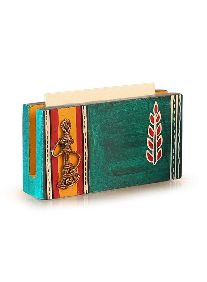 ExclusiveLane Handpainted Dhokra Pine Wood And Brass Table Top Business Card Holder  - Image 3