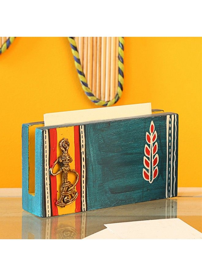 ExclusiveLane Handpainted Dhokra Pine Wood And Brass Table Top Business Card Holder  - Image 2