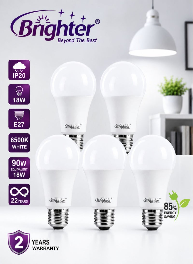 LED Light Bulbs 18W (90W Equivalent) E27 Screw Base, 6500K Cool Daylight White, IP20 Energy Saving LED Lamp, 2-Year Warranty, High Brightness, Long Life, Pack of 5 - Image 1