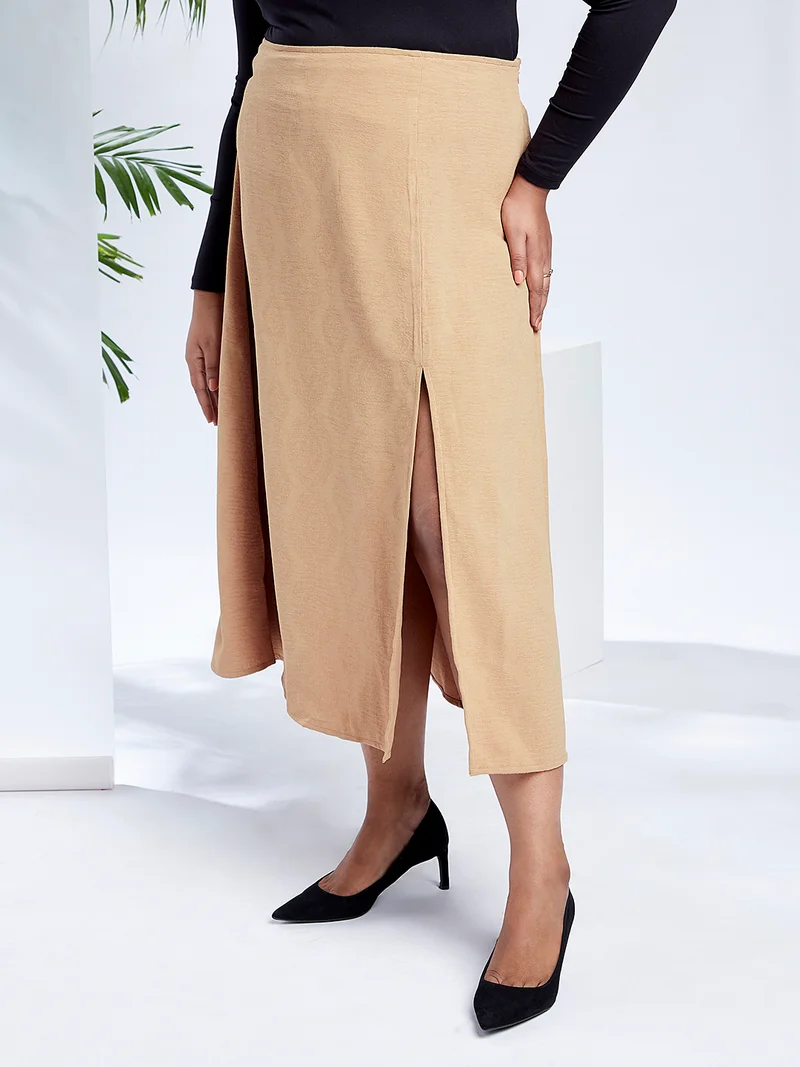 جلو باص جوب جلوبلس نسائي بيج بخصر متوسط بتصميم ذاتي بوهيمي بفتحة أمامية مقاس كبير تنورة ميدي -