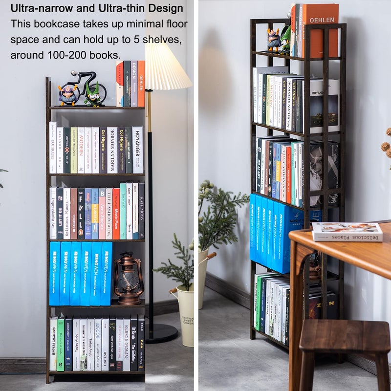 COPREE 5 Tier Bookshelf, Bamboo Space-Saving Tall Book Shelves,Walnut-Colored Freestanding Narrow Book Rack Organizer Shelving Unit Storage for Small Space, Living Room, Bedroom and Office - Image 3