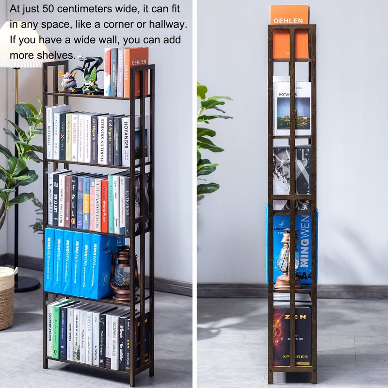 COPREE 5 Tier Bookshelf, Bamboo Space-Saving Tall Book Shelves,Walnut-Colored Freestanding Narrow Book Rack Organizer Shelving Unit Storage for Small Space, Living Room, Bedroom and Office - Image 4