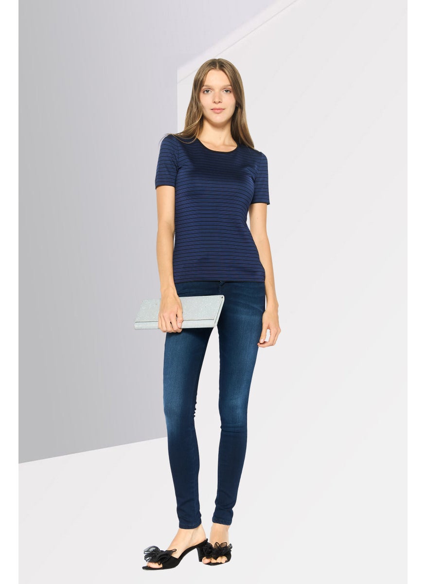 EMPORIO ARMANI Women Asymmetrical neckline Stripe Sweatshirt, Blue  - Image 4