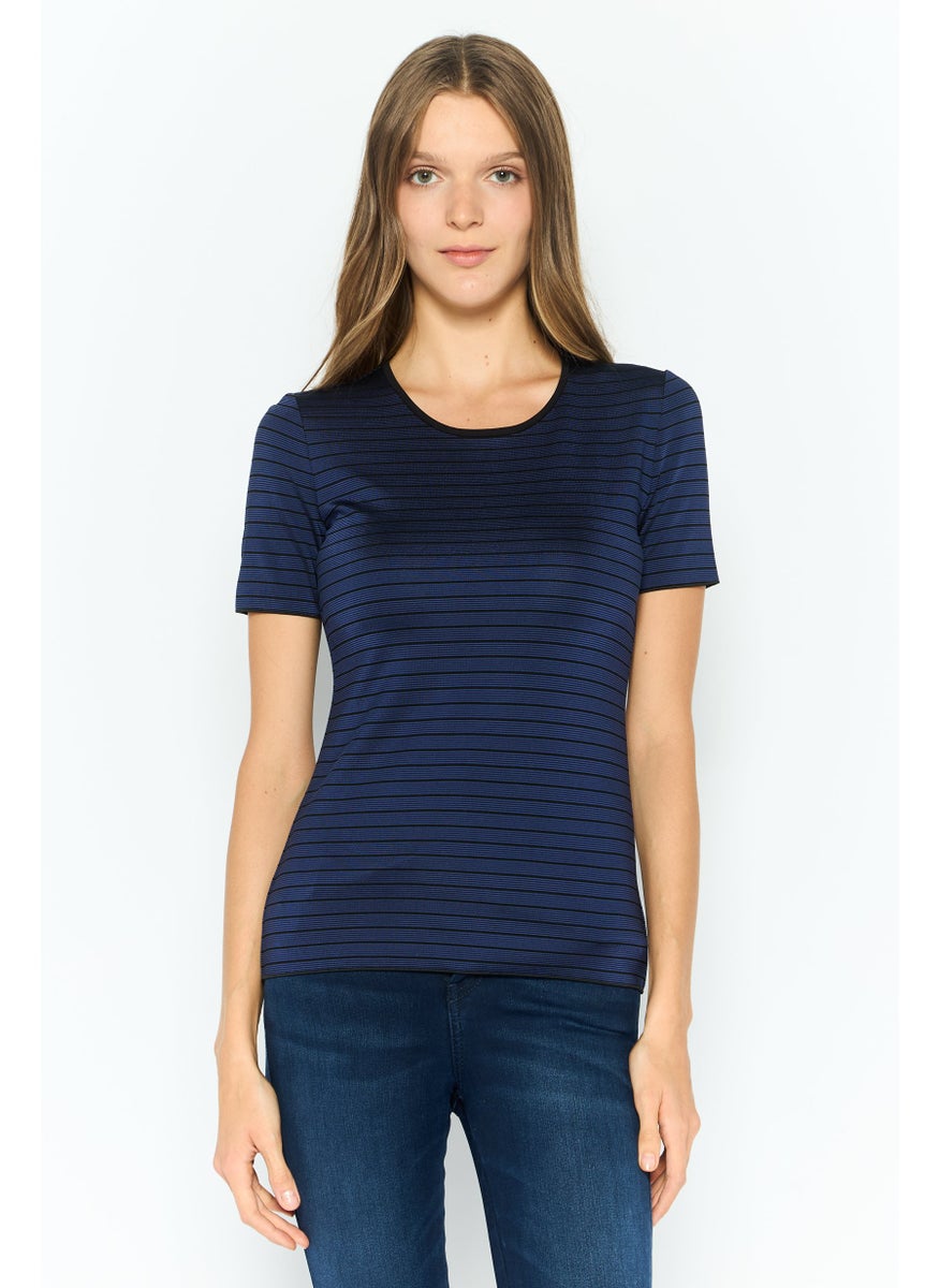 EMPORIO ARMANI Women Asymmetrical neckline Stripe Sweatshirt, Blue  - Image 1