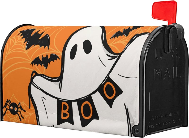 Anyako Halloween Ghost Boo Orange Mailbox Covers Magnetic Standard Size 18" X 21",Spooky Bat Spider Web Mailbox Wraps Post Letter Box Cover for Holiday Garden Yard Decor - Image 3