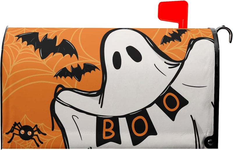 Anyako Halloween Ghost Boo Orange Mailbox Covers Magnetic Standard Size 18" X 21",Spooky Bat Spider Web Mailbox Wraps Post Letter Box Cover for Holiday Garden Yard Decor - Image 1
