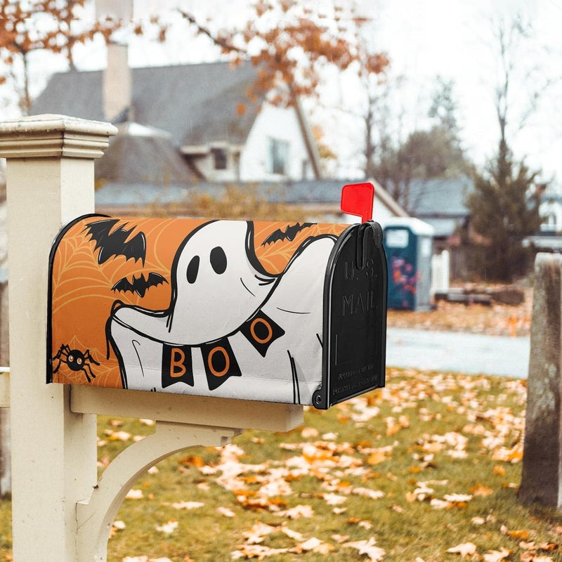 Anyako Halloween Ghost Boo Orange Mailbox Covers Magnetic Standard Size 18" X 21",Spooky Bat Spider Web Mailbox Wraps Post Letter Box Cover for Holiday Garden Yard Decor - Image 5