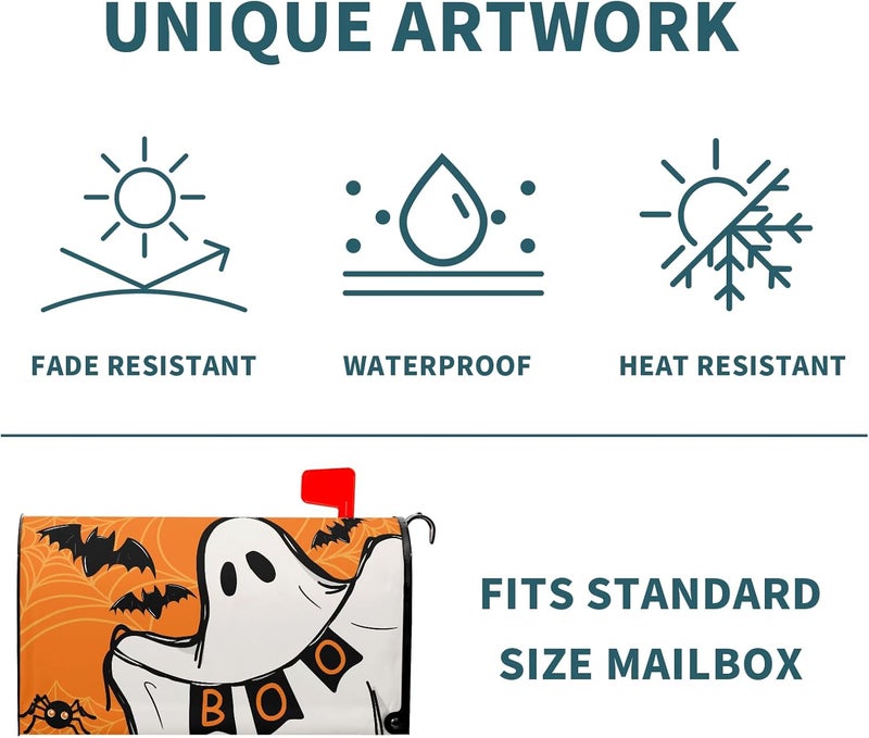 Anyako Halloween Ghost Boo Orange Mailbox Covers Magnetic Standard Size 18" X 21",Spooky Bat Spider Web Mailbox Wraps Post Letter Box Cover for Holiday Garden Yard Decor - Image 4