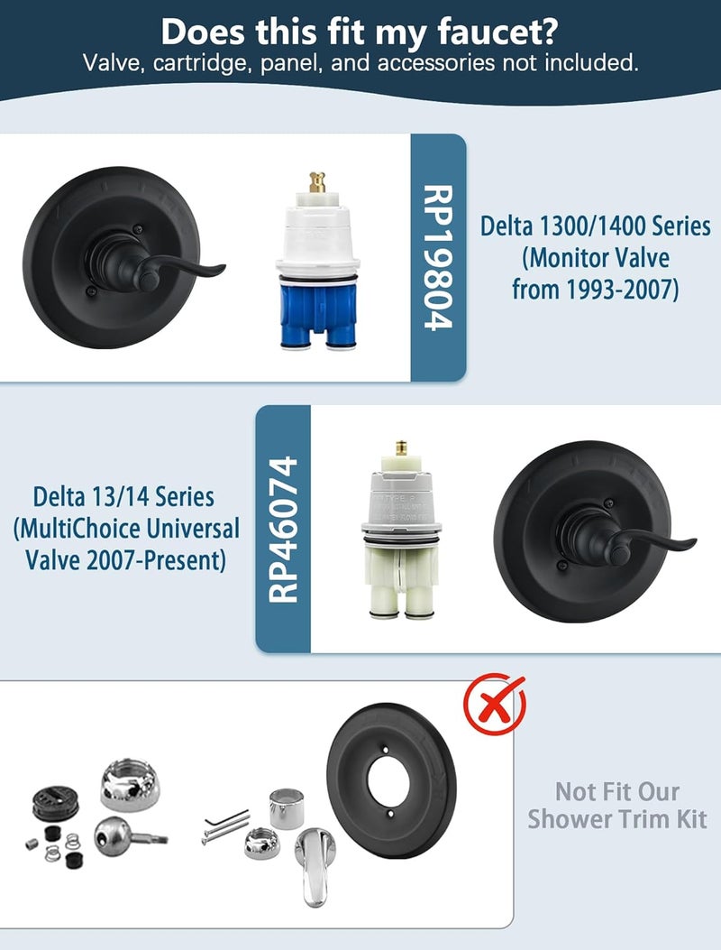 DLymtrx Replacement for Delta 13/14 Series BT14096 Trim Kit, Shower Cover Plate with Handle (Cartridge and Valve Not Included),Matte Black - Image 2