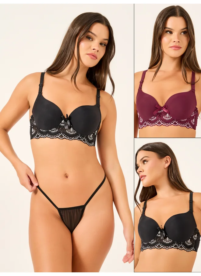 ستايلي Styli Pack of 2 - Padded Wired Balconette Bra with Floral Scallop Detail