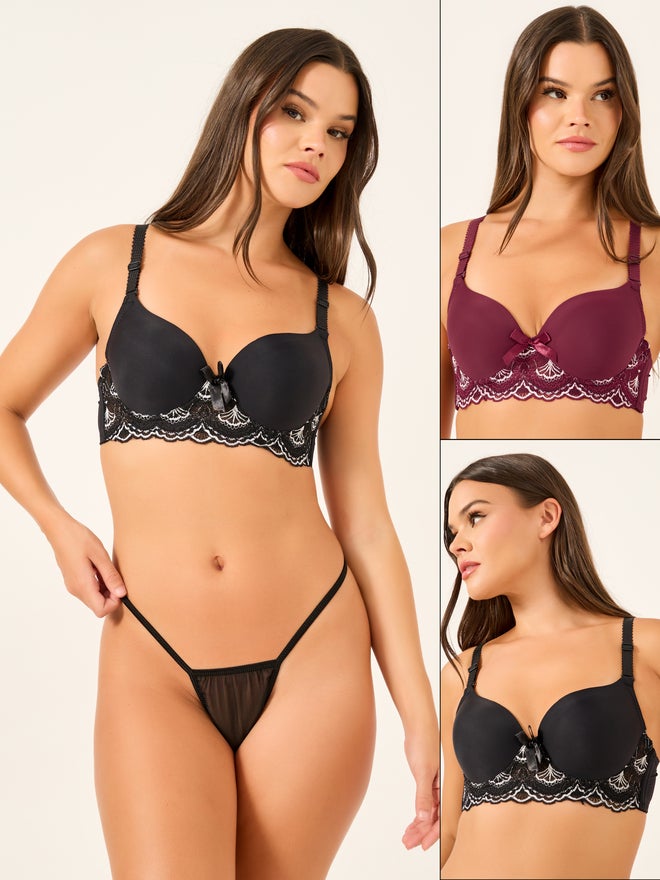 Styli Pack of 2 - Padded Wired Balconette Bra with Floral Scallop Detail - Image 1