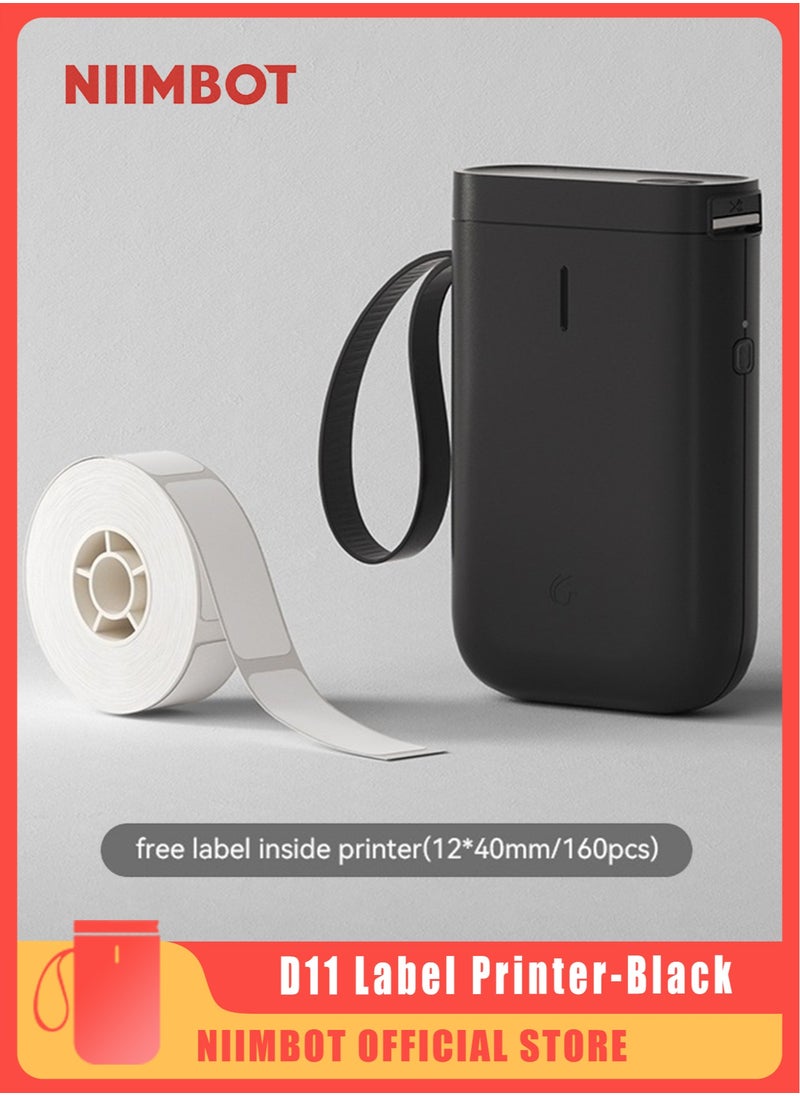 NIIMBOT - D11 Label Maker Machine Portable Bluetooth Sticker Label Printer with 1 Roll 12*40mm White Tape, USB Rechargeable, Inkless Thermal Label Maker with 10-15mm Print Width, Ideal for Office Home Organization and Small Business Supplies, Black - Image 1